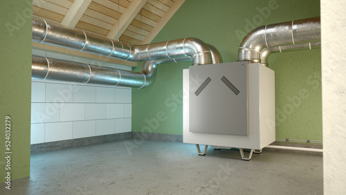 Foto Air recuperator - attic ventilation system. 3D illustration