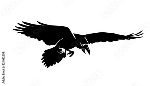 Halloween black element. Flying black raven. Vector on transparent background 