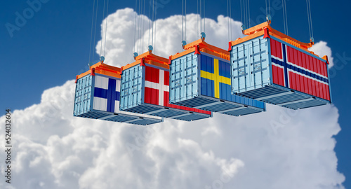 Four freight containers with Finland, Denmark, Sweden and Norway national flags. 3D Rendering 