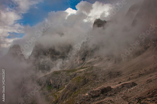 Crossing the Pale di San Martino in the clouds, Alta Via 2, Dolomites, Italy