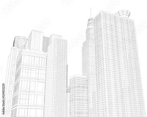 Outline of the city with skyscrapers from black lines isolated on a white background. View of the city with many multi-storey buildings. 3D. Vector illustration.