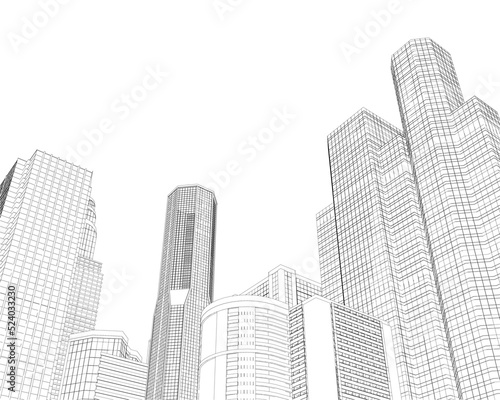 Outline of the city with skyscrapers from black lines isolated on a white background. View of the city with many multi-storey buildings. 3D. Vector illustration.