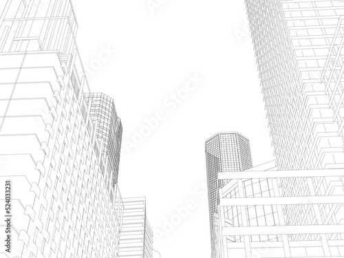 Outline of the city with skyscrapers from black lines isolated on a white background. View of the city with many multi-storey buildings. 3D. Vector illustration.