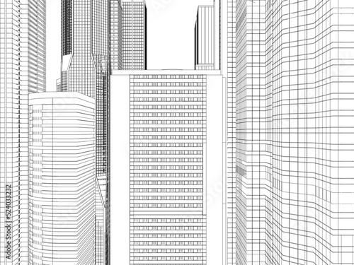 Outline of the city with skyscrapers from black lines isolated on a white background. View of the city with many multi-storey buildings. 3D. Vector illustration.