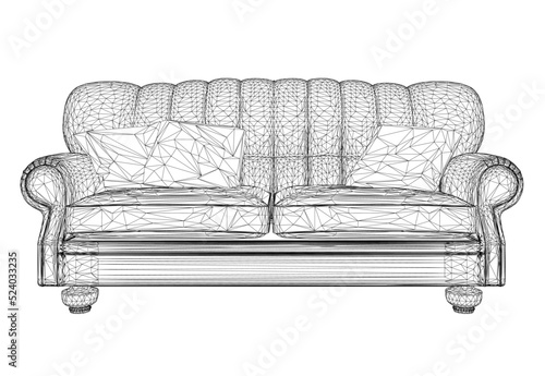 Sofa wireframe with black line pillows isolated on white background. Front view. 3D. Vector illustration.