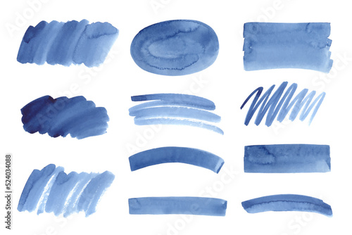 Set of blue watercolor washses, abstract backgrounds, brush strokes, textures. Decorative design elements, backdrop, frame for text. Isolated on white.