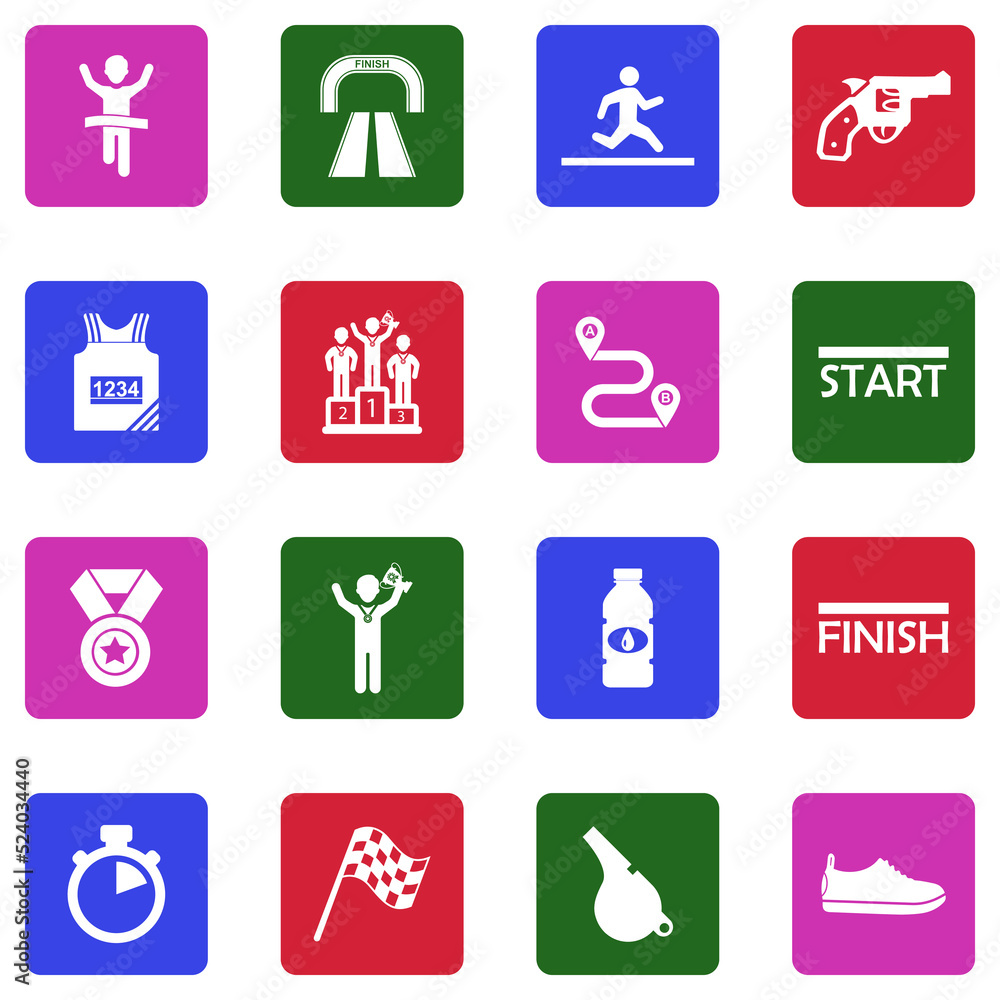 Marathon Icons. White Flat Design In Square. Vector Illustration. Marathon Icons. White Flat Design In Square. Vector Illustration.