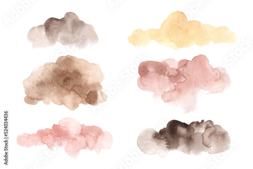 Pink, brown, beige, grey and yellow watercolor abstract background, form, design element. Colorful hand painted texture, wash.