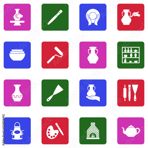 Pottery Icons. White Flat Design In Square. Vector Illustration.