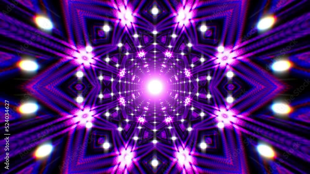 Glowing purple flower pattern light tunnel loop Glowing purple flower pattern light tunnel loop