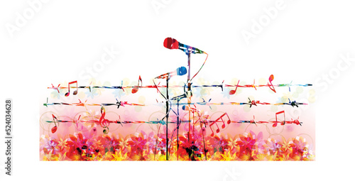  Colorful musical concept with microphones and musical notes attached to barbed wire vector illustration. Live concert events, music festivals and shows poster background, karaoke party flyer