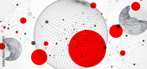 Sphere  theme with connected lines in technology style background. Wireframe illustration. Abstract 3d grid design.