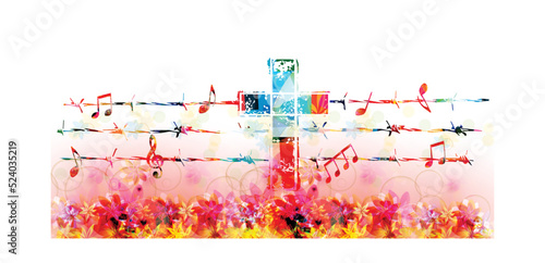  Christian cross with musical notes attached to barbed wire and isolated vector illustration. Religion themed background. Design for Christianity, church service, church choir