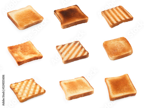Set with slices of tasty toasted bread on white background