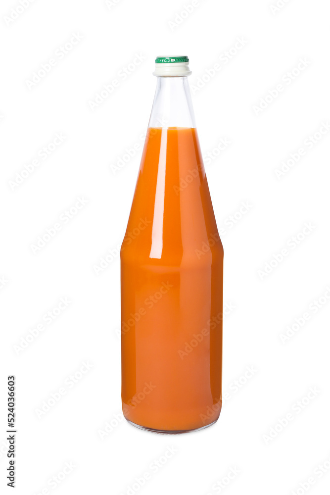 Fresh carrot juice in glass bottle isolated on white Fresh carrot juice in glass bottle isolated on white