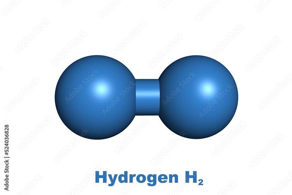 Hydrogen molecule blue H2 eco green energy fuel chemical gas structure on white background 3D - obrazy, fototapety, plakaty 