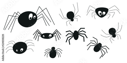 Collection of cartoon flat eyed spiders for Halloween. Funny vector illustration isolated on white background