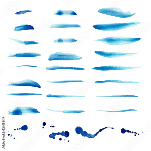 Vector set of watercolor strokes of different sizes and forms. Handdrawn blue stains. Vector design.  