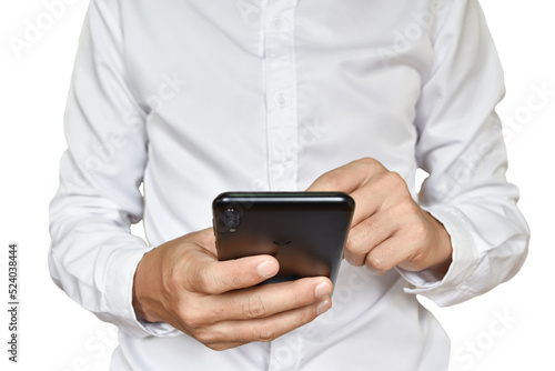 Close-up image of businessman hand holding mobile phone isolated on transparent background - PNG format. © banphote