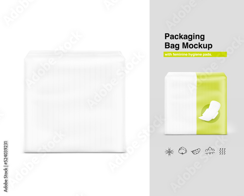 Plastic bag mockup with feminine pads. Vector illustration isolated on white background. Perfect for promoting your design. Suite for the presentation of pads, diaper, wet wipes, foods, household.