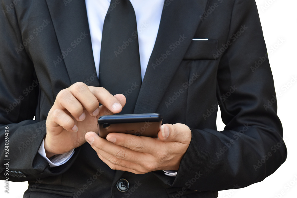 Close-up image of businessman hand holding mobile phone isolated on transparent background - PNG format. Close-up image of businessman hand holding mobile phone isolated on transparent background - PNG format.