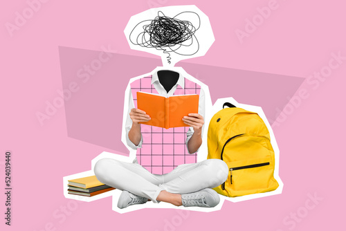 Collage photo creative artwork sketch of weird person tired schoolgirl sit floor read book decide consider isolated on painting background photo