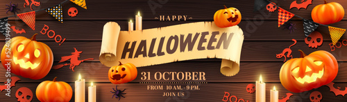 Happy Halloween banner template with halloween pumpkin and Halloween Elements on wood background. Website spooky,Background or banner Halloween template