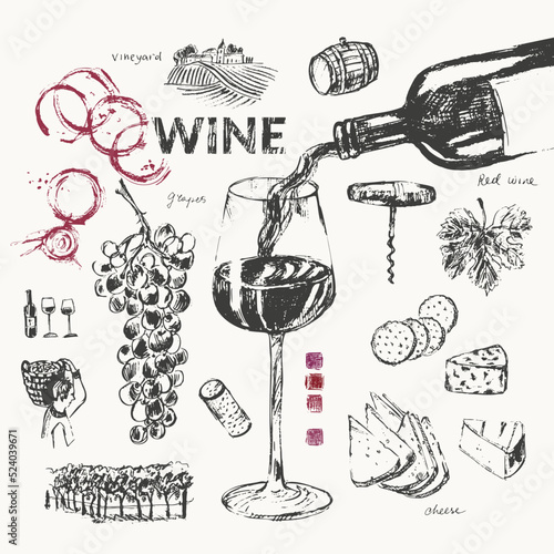 Wine bottle, wine glass, hand pouring wine, snack, cheese, grapes, vine, vineyard, cork, corckscrew, bread, wine stains.