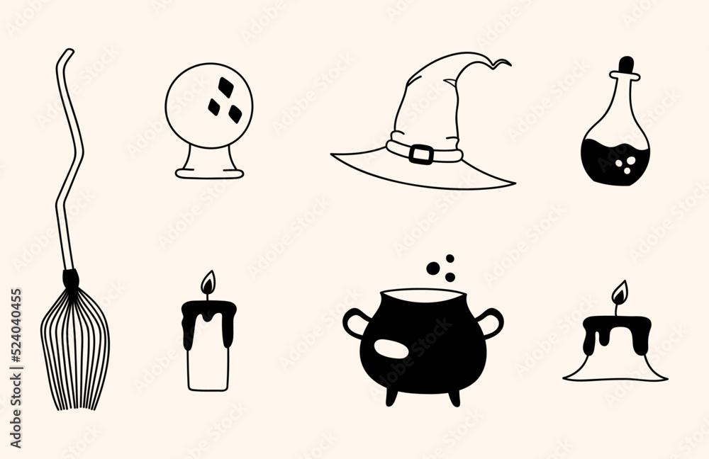 Witchcraft doodle isolated elements set. Halloween clip art hand drawn