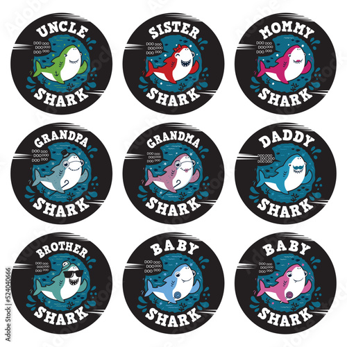 Shark animal vector card set in a flat and doodle style with funny lettering text quote - Baby, mommy, daddy and family shark doo doo doo poster collection. Perfect for clothes, mug and gift prints.