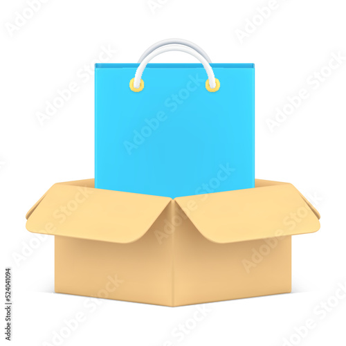 Online shopping order delivery paper bag in open cardboard box retail courier service 3d icon vector