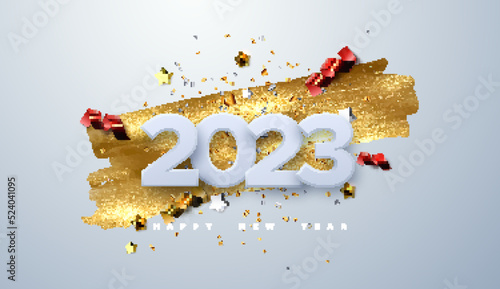 Happy New 2023 Year. Vector holiday illustration of paper cut numbers with sparkling confetti particles, golden stars and streamers.