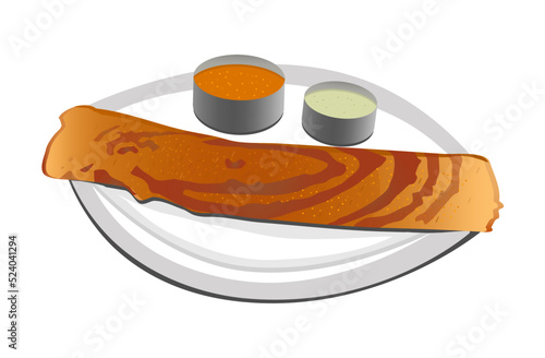Vector illustration of masala dosa with green coconut chutney and idli sambar on a white plate. South Indian breakfast isolated on white background. breakfast crepes or pancakes, spicy potato filling.