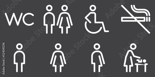 Toilet line icon set. WC sign. Man,woman,mother with baby and handicap symbol. Restroom for male, female, transgender, disabled. Editable stroke. Vector graphics