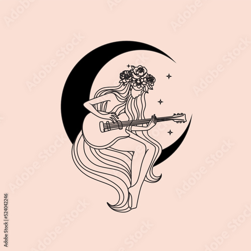 Woman play on the Moon Acoustic guitar Solo singer Hand drawn line art illustration 