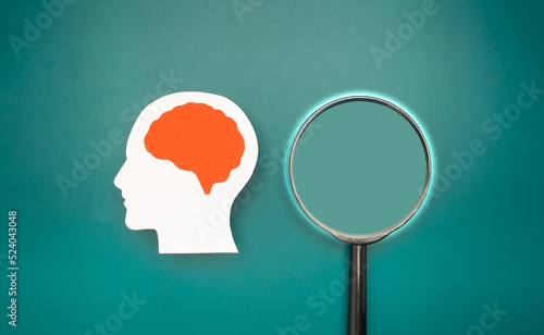 A brain shape made from paper and a magnifying glass on a green background