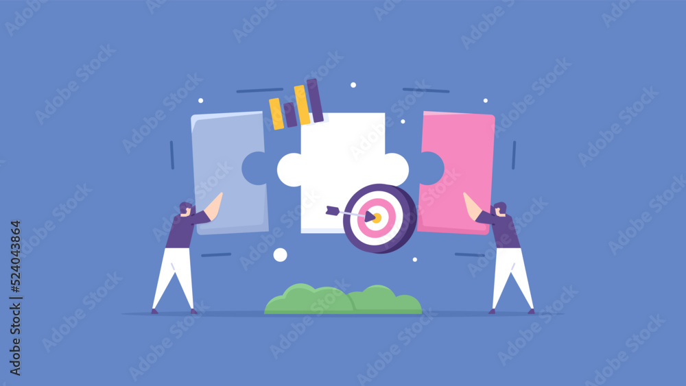 business development and management. a team or partners work together to fix and connect puzzle pieces. teamwork, business problem solving, targets and improvement. flat cartoon illustration. concept business development and management. a team or partners work together to fix and connect puzzle pieces. teamwork, business problem solving, targets and improvement. flat cartoon illustration. concept