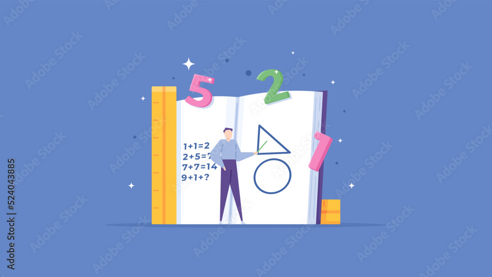 private lessons, courses, training in mathematics lessons. a teacher explains and teaches how to count based on books. education. flat cartoon illustrations. vector concept design private lessons, courses, training in mathematics lessons. a teacher explains and teaches how to count based on books. education. flat cartoon illustrations. vector concept design
