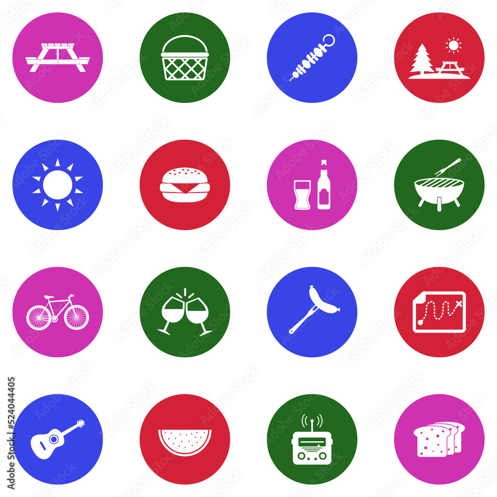 Picnic Day Icons. White Flat Design In Circle. Vector Illustration.