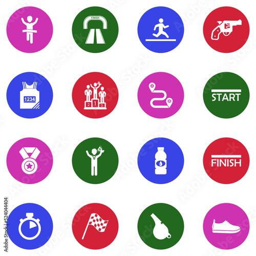 Marathon Icons. White Flat Design In Circle. Vector Illustration.