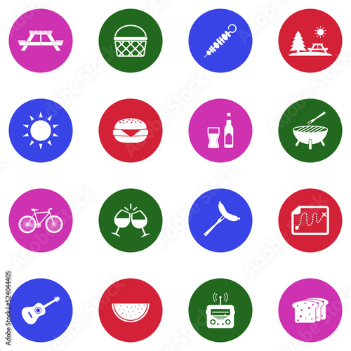 Picnic Day Icons. White Flat Design In Circle. Vector Illustration.