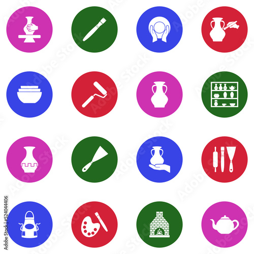 Pottery Icons. White Flat Design In Circle. Vector Illustration.