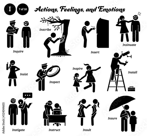 Stick figure human people man action, feelings, and emotions icons alphabet I. Inquire, inscribe, insert, insinuate, insist, inspect, inspire, install, instigate, instruct, insult, and insure.