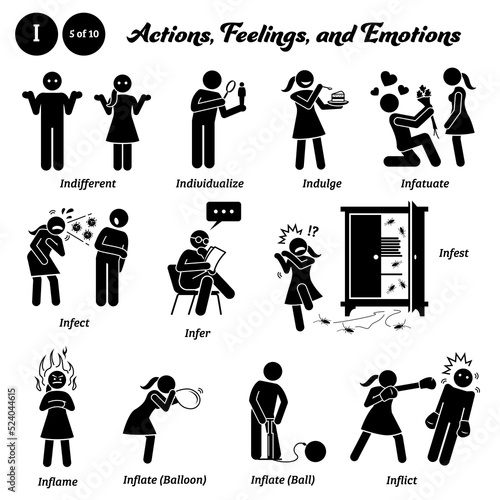 Stick figure human people man action, feelings, and emotions icons alphabet I. Indifferent, individualize, indulge, infatuate, infect, infer, infest, inflame, inflate balloon ball, and inflict.