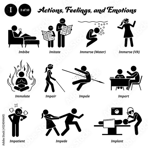 Stick figure human people man action, feelings, and emotions icons alphabet I. Imbibe, imitate, immerse water, immerse VR, immolate, impair, impale, impart, impatient, impede, and implant.