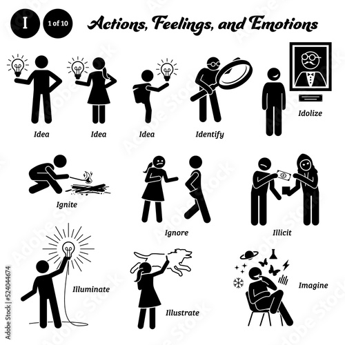 Stick figure human people man action, feelings, and emotions icons alphabet I. Idea, identify, idolize, ignite, ignore, illicit, illuminate , illustrate, and imagine.