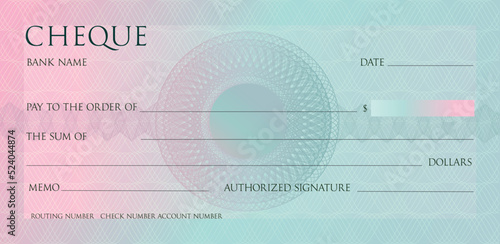 Check for Chequebook template. Lines pattern with watermark lines. Gradient background for ticket, Voucher, Gift certificate, Coupon, banknote, currency, bank note. Premium cheque vector design. photo