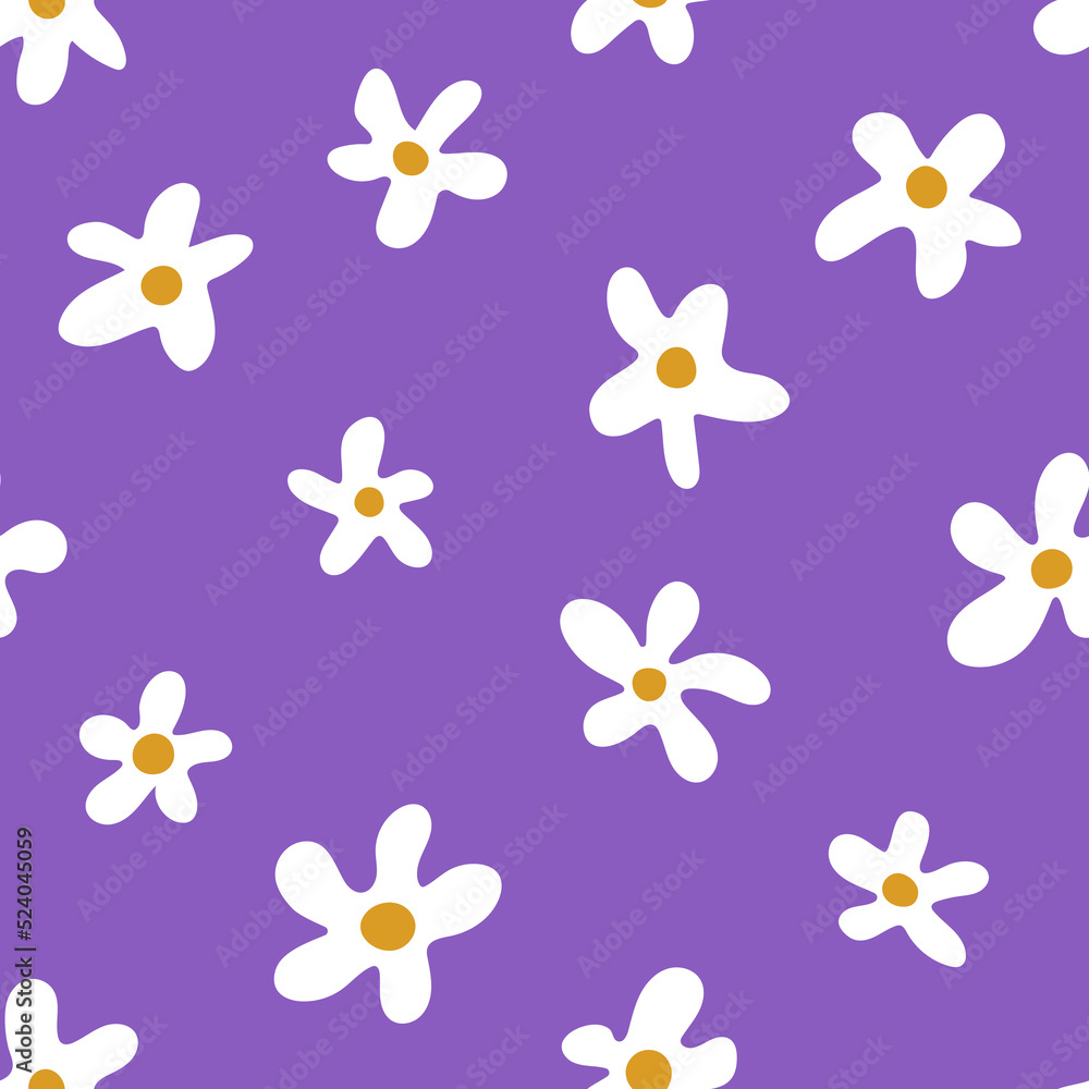 Seamless pattern with white flowers on violet background. Hand drawn vector illustration. Trendy texture for print, textile, fabric, packaging. Seamless pattern with white flowers on violet background. Hand drawn vector illustration. Trendy texture for print, textile, fabric, packaging.