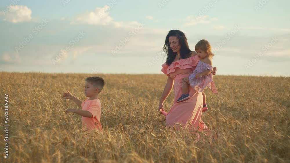 A family walks together through a wheat field. A happy mother with children holds her daughter in her arms and shows how bread is grown. High quality 4k footage A family walks together through a wheat field. A happy mother with children holds her daughter in her arms and shows how bread is grown. High quality 4k footage