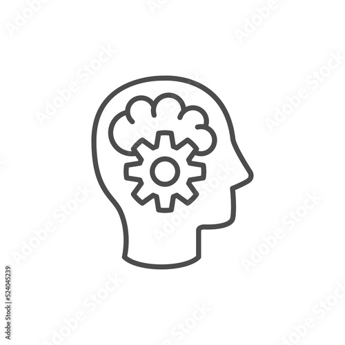 Thinking icon in line style. Editable stroke. Black isolated outline icon of head of man and cogwheel on white background. Line icon of head and gear wheel.